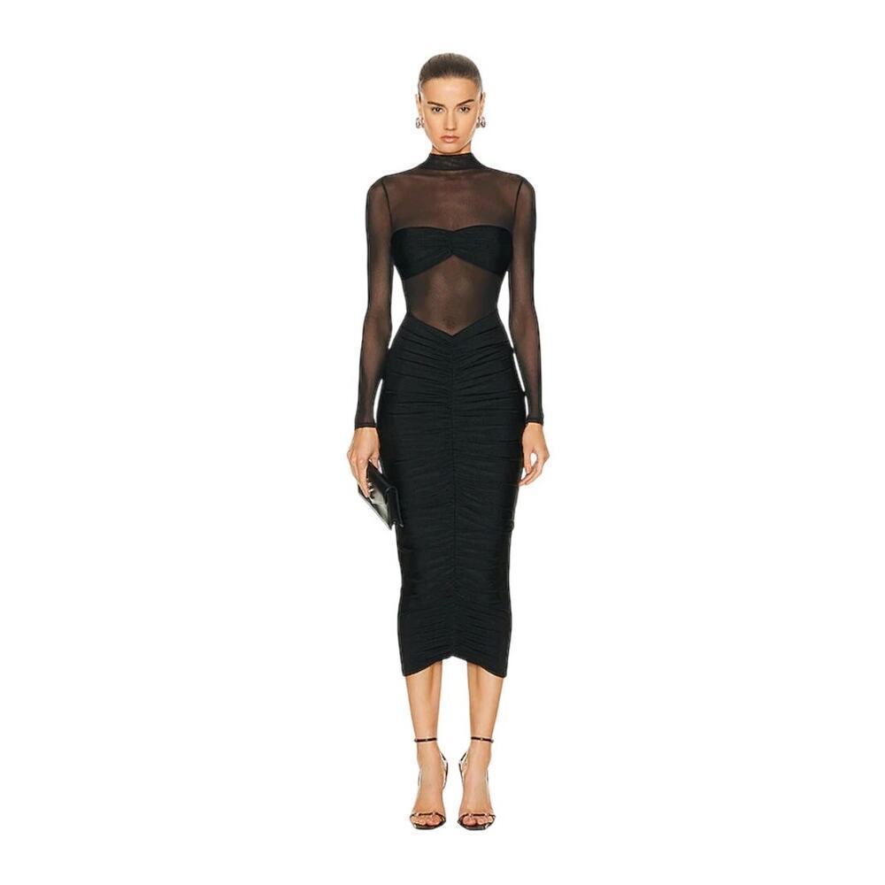 SER.O.YA Sheer Mesh Bodice Levina Dress Ruched Long Sleeve Black Size XS NWT